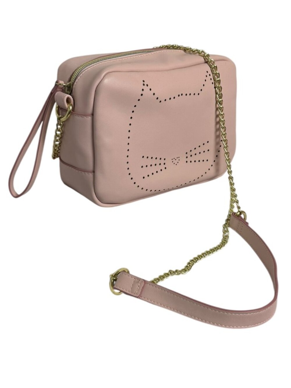 Pink Cat Face Novelty Bag Laser Cut Crossbody Wristlet Gold Chain Crossbody - Picture 2 of 11